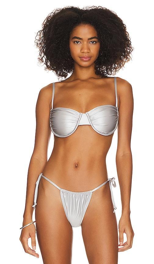 Good American Ruched Demi Cup Top in Metallic Silver. Product Image