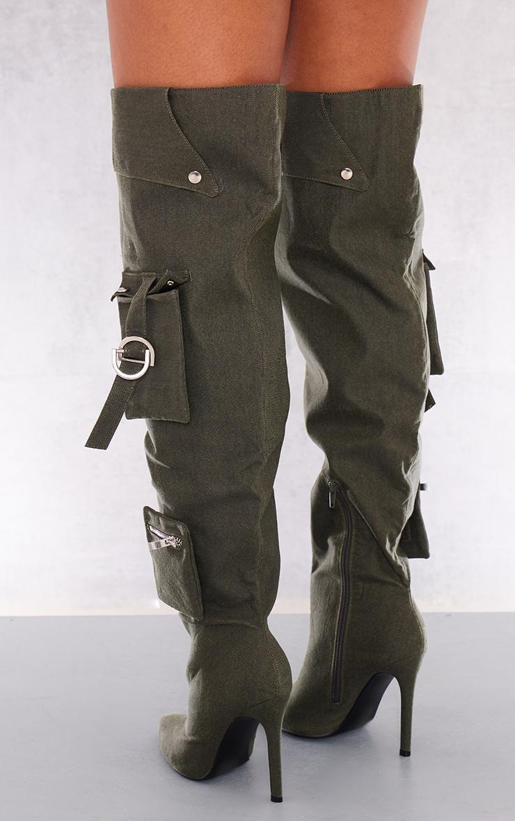 Khaki Wide Fit Denim Utility Over The Knee Heeled Boots Product Image