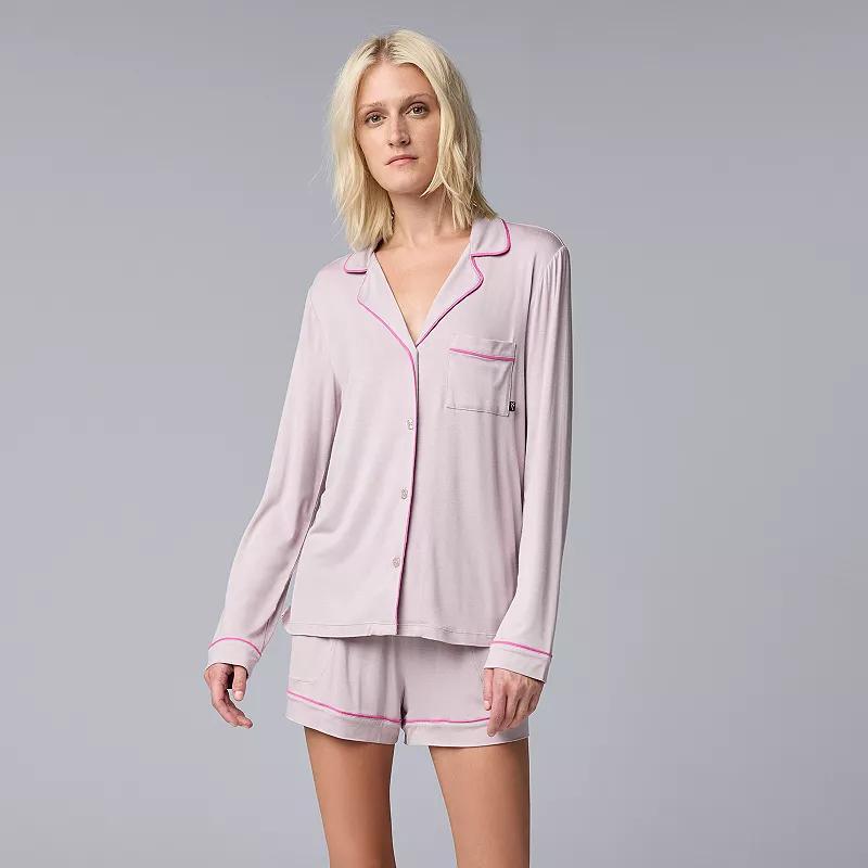 Womens Simply Vera Vera Wang 2-Piece Basic Luxury Long Sleeve Notchneck Pajama Top & Pajama Boxer Shorts Set Pink Product Image