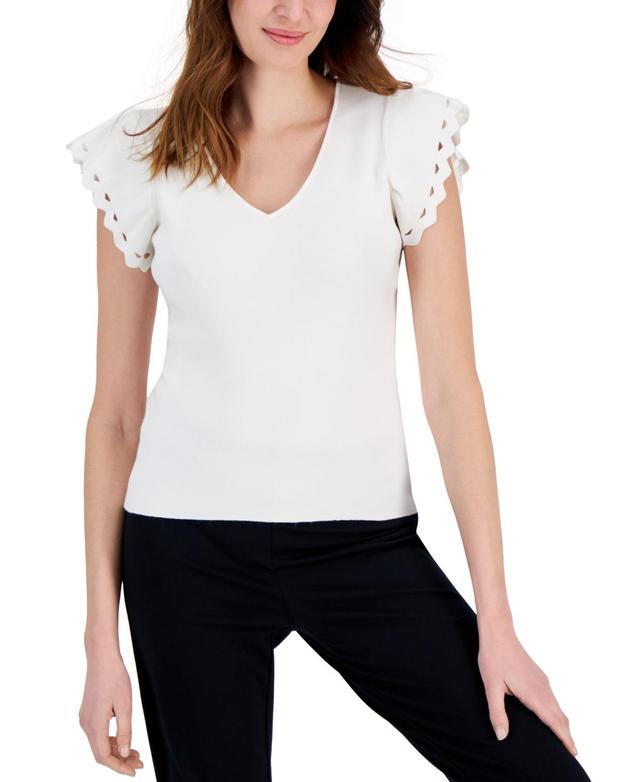 T Tahari Womens Ribbed V-Neck Flutter-Sleeve Sweater Product Image