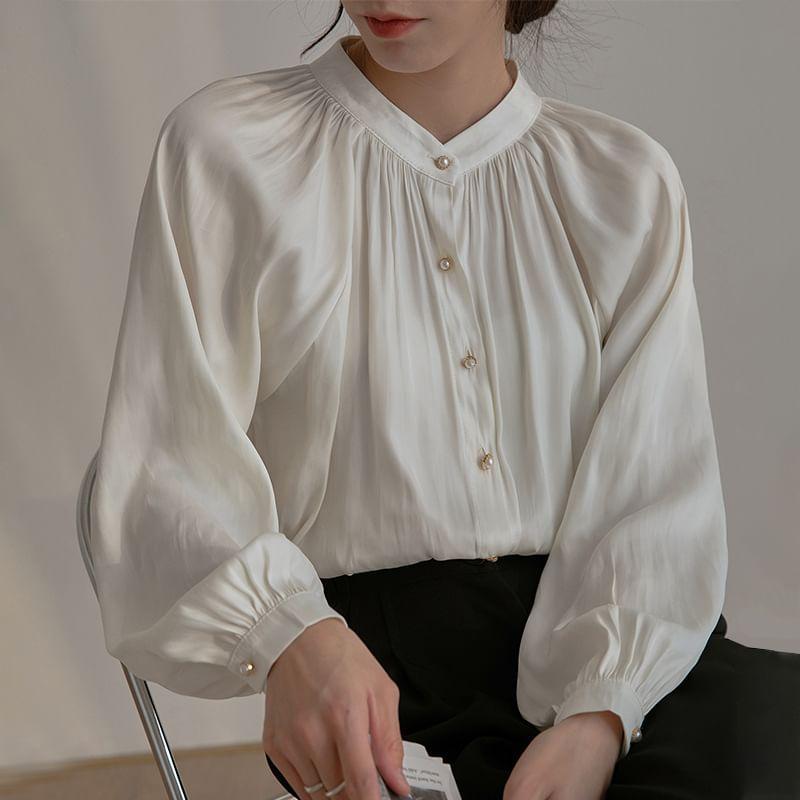 Puff Sleeve Plain Satin Loose-Fit Blouse Product Image