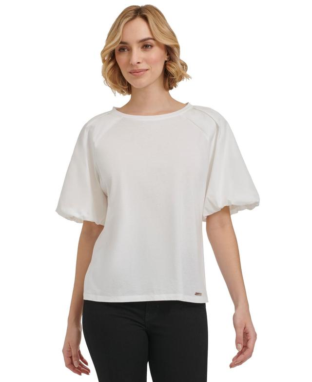 Calvin Klein Womens Mixed Media Puff Sleeve Top Product Image