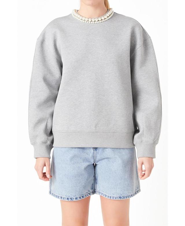 Grey Lab Imitation Pearl Embellished Crewneck Sweatshirt Product Image