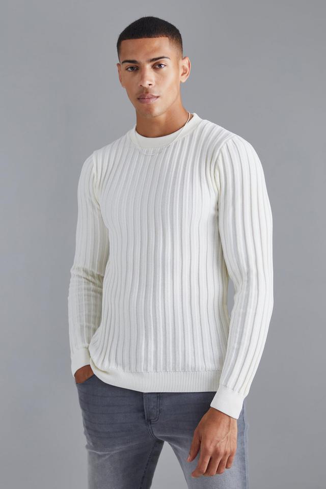 Mens Cream Muscle Fit Ribbed Long Sleeve Jumper, Cream Product Image