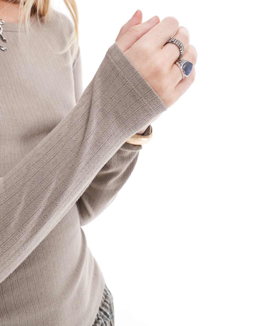 COLLUSION pointelle scoop neck long sleeve top in gray Product Image