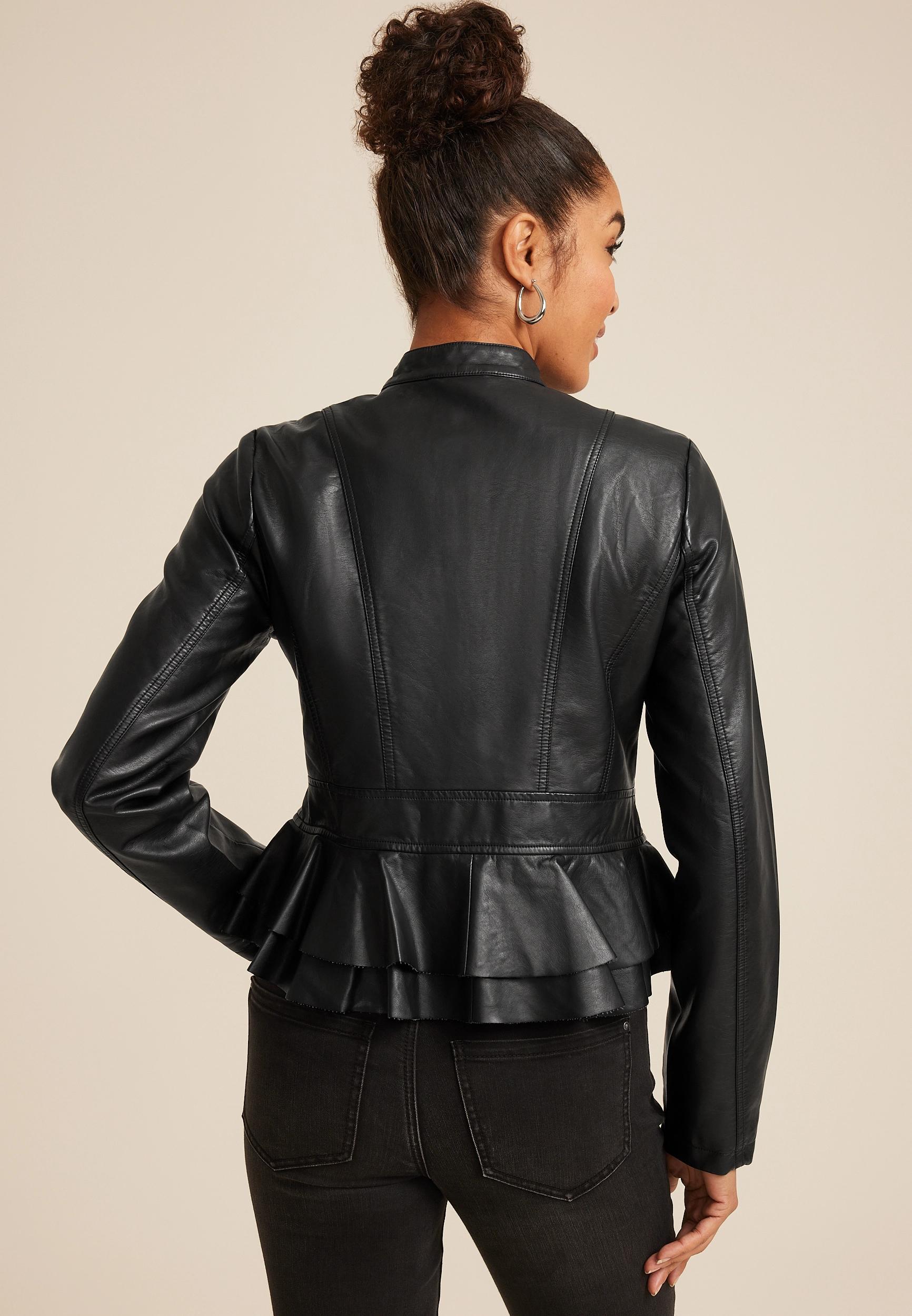 Black Faux Leather Ruffle Hem Jacket Product Image