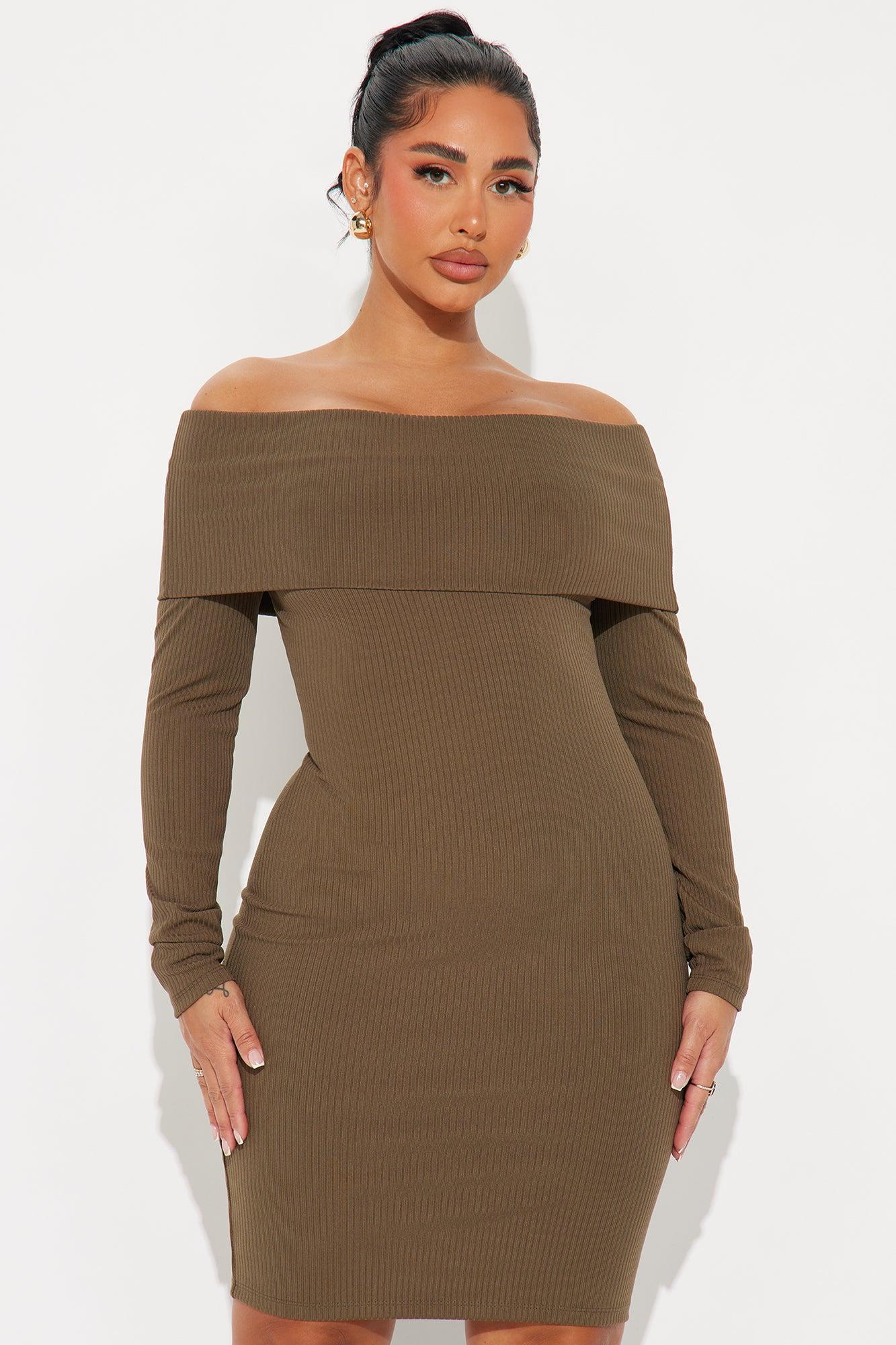 Marlow Ribbed Off Shoulder Mini Dress - Olive Product Image