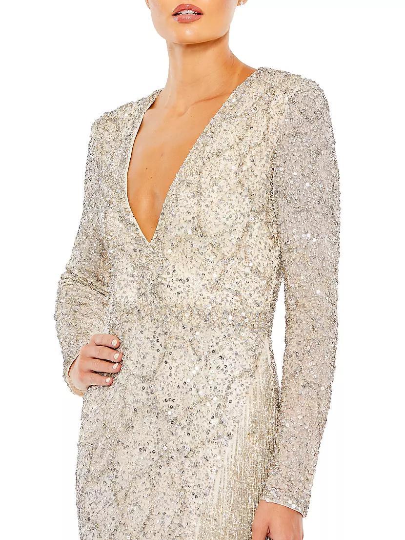 Embellished Long-Sleeve V-Neck Beaded-Hem Gown Product Image