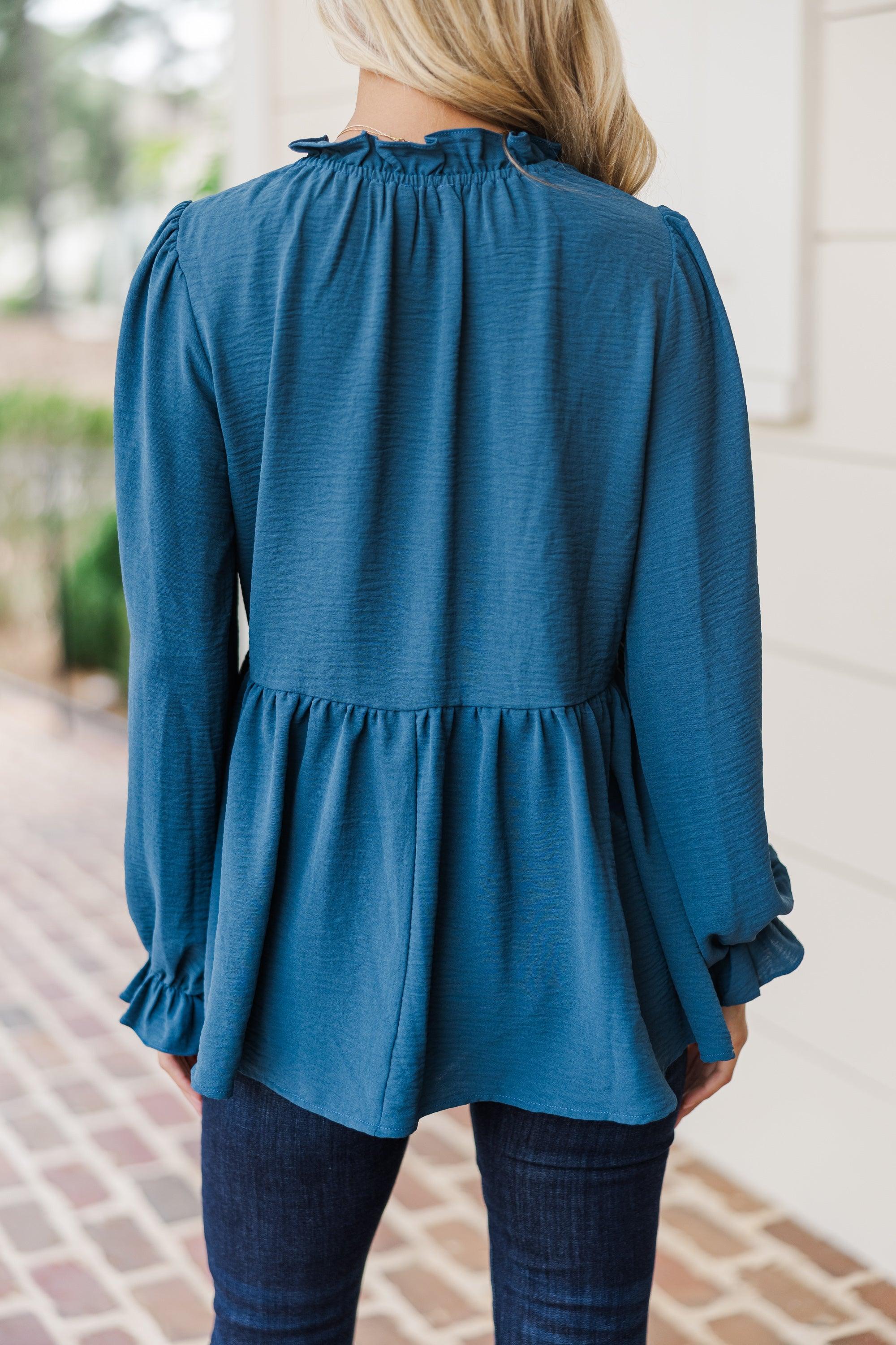 Making Moves Teal Blue Ruffled Blouse Female Product Image