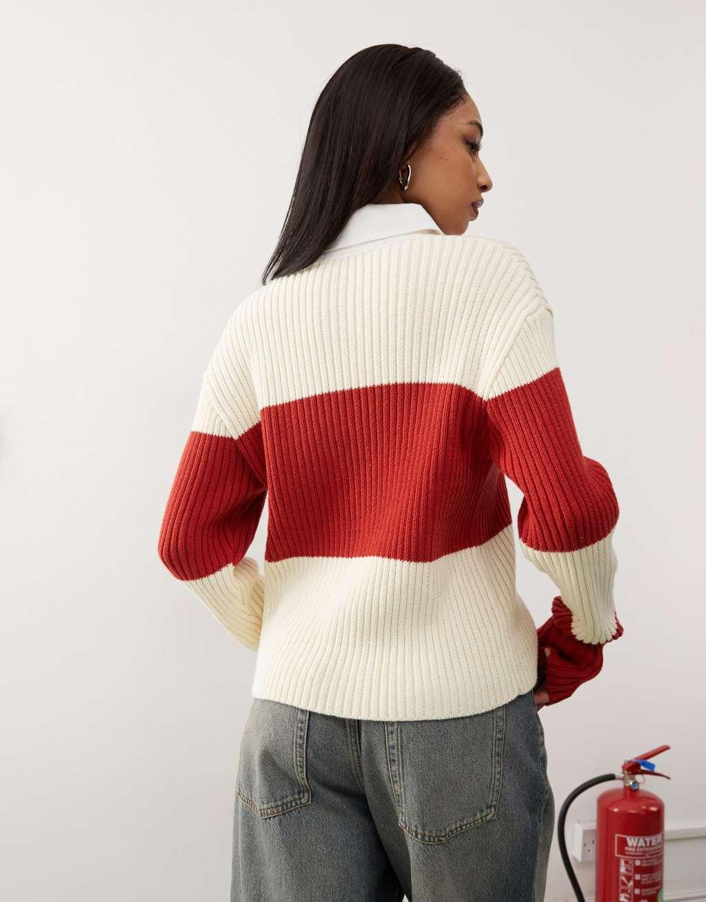 Lioness polo collar rugby stripe knitted sweater in red and cream Product Image