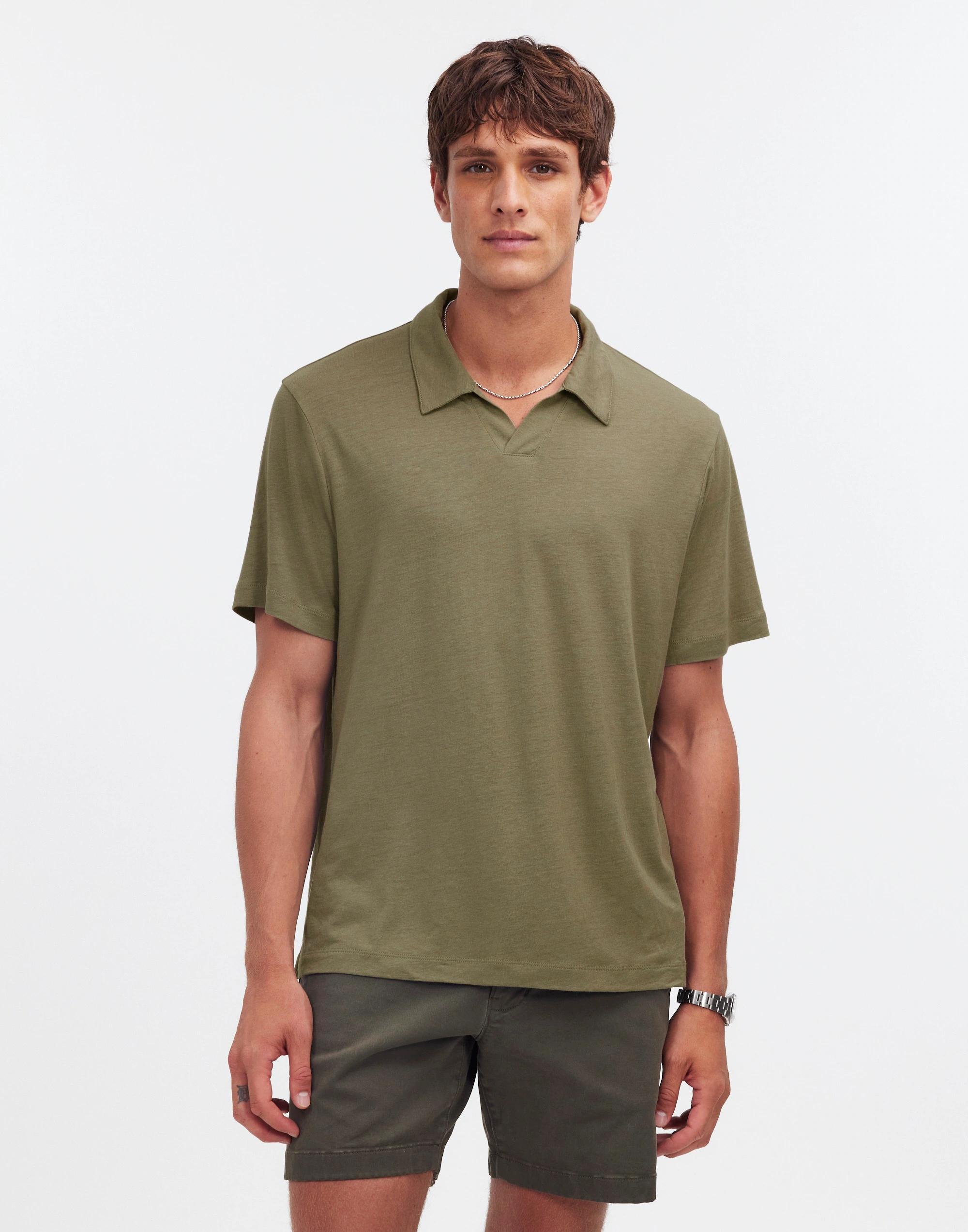 Linen-Blend Johnny-Collar Knit Polo Shirt Product Image