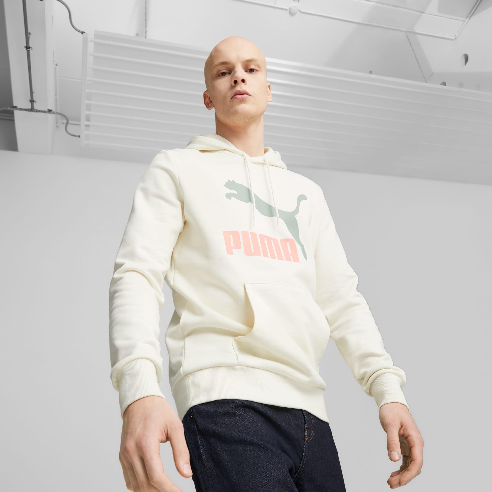 PUMA Classics Logo Hoodie Men in Warm White/Green Fog Product Image