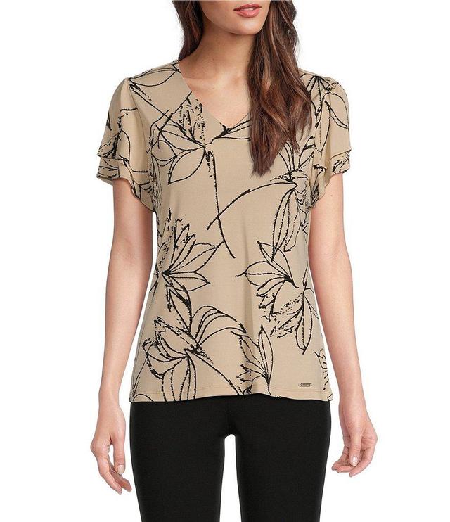 Calvin Klein Petite Size Floral Print Matte Knit Jersey Short Flutter Sleeve V-Neck Top Product Image