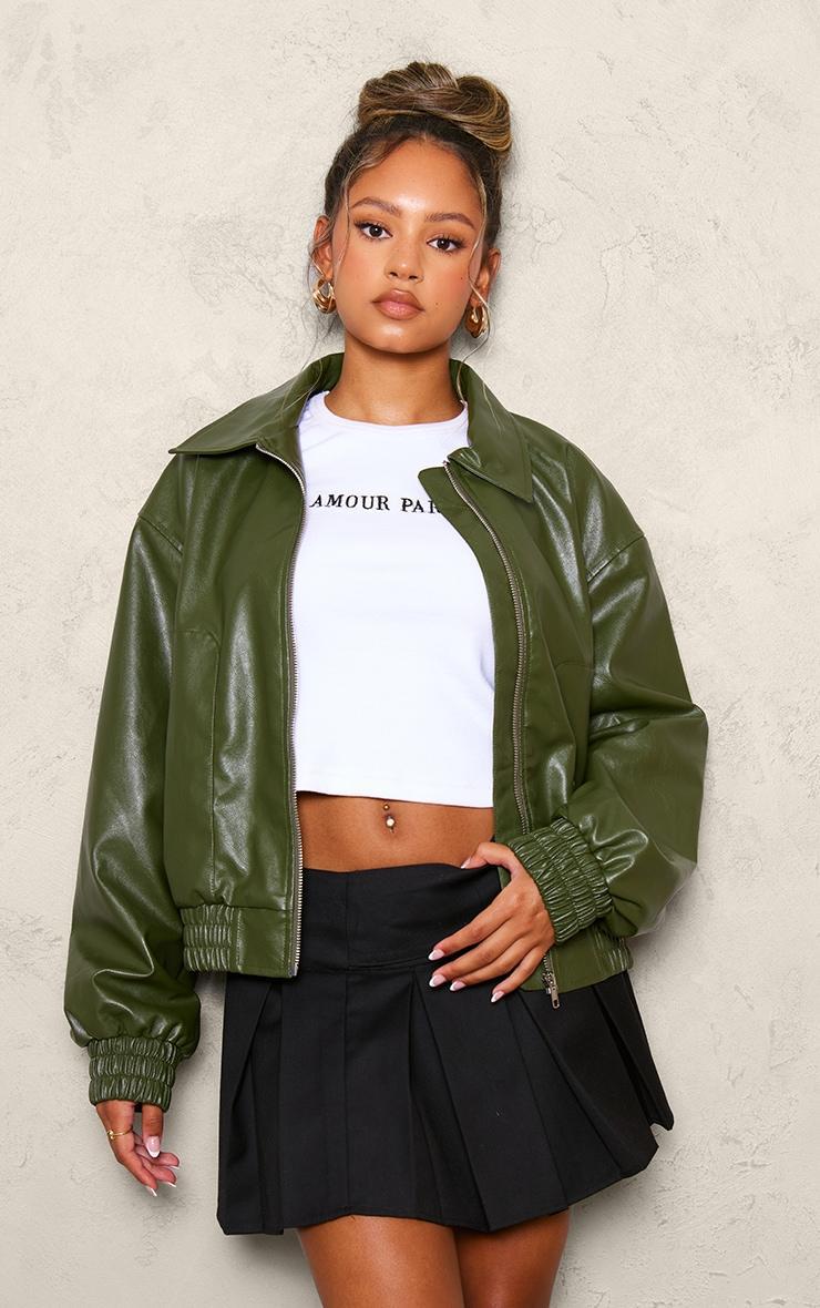 Petite Khaki Faux Leather Oversized Bomber Jacket Product Image