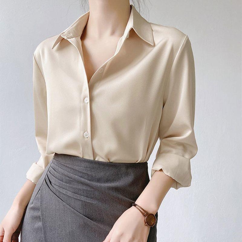 Long-Sleeve Satin Plain Shirt Product Image