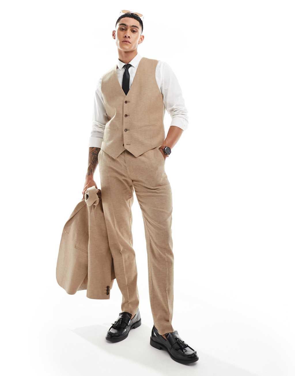 ASOS DESIGN slim herringbone suit pants with linen in stone Product Image