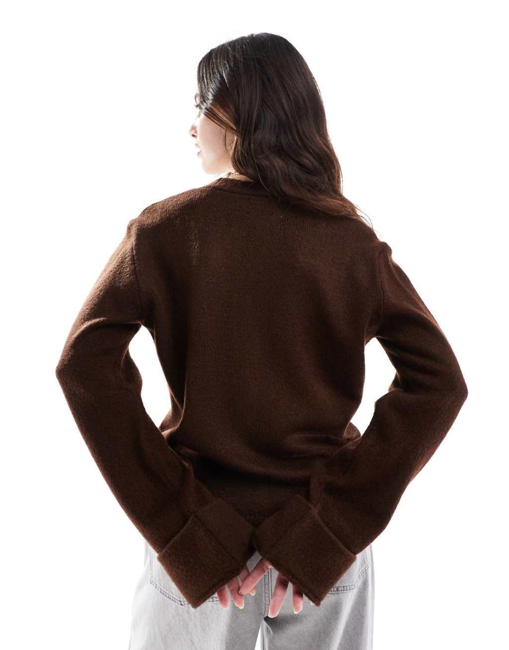 ASOS DESIGN fluffy knitted cardigan with turn up cuff in chocolate brown Product Image