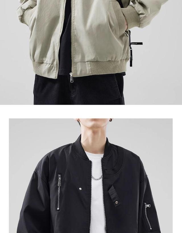 Drop-Shoulder Plain Zip Bomber Jacket Product Image