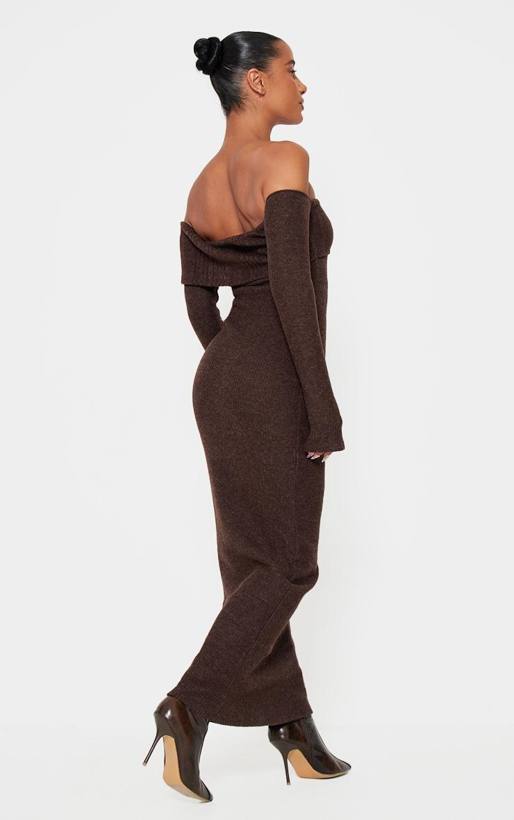 Chocolate Brushed Rib Bardot Maxi Dress Product Image