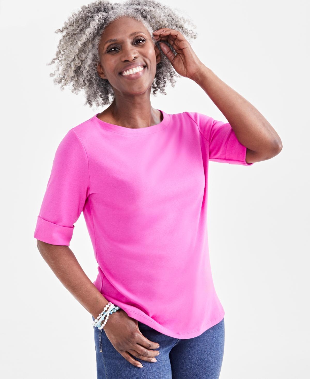 Women's Boat-Neck Elbow Sleeve Cotton Top, XS-4X, Created for Macy's Product Image