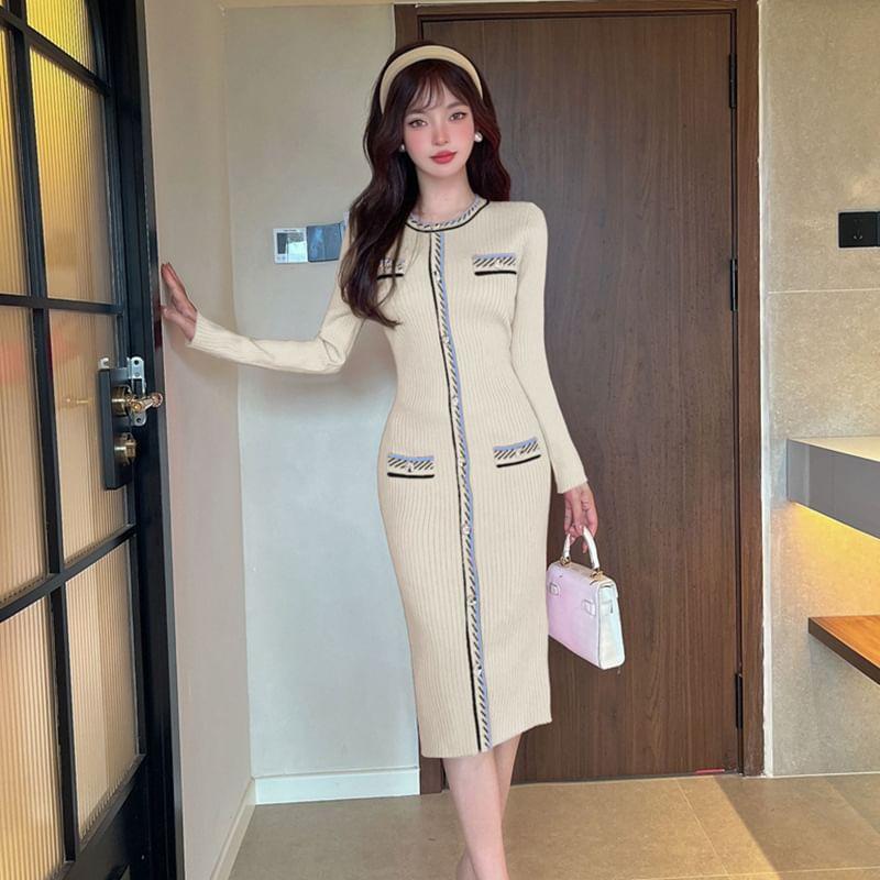 Long-Sleeve Crew Neck Button Accent Contrast Trim Midi Sheath Knit Dress Product Image