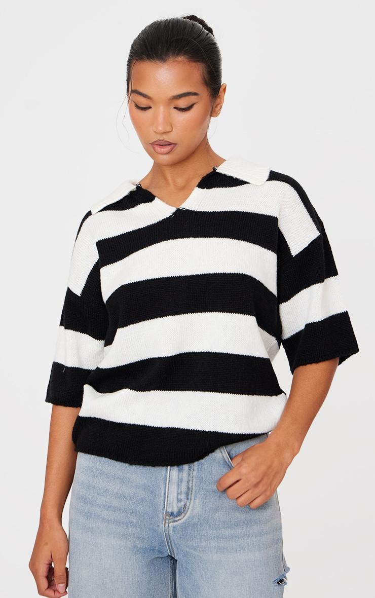 Monochrome Stripe Knit V Neck Oversized Rugby Top Product Image