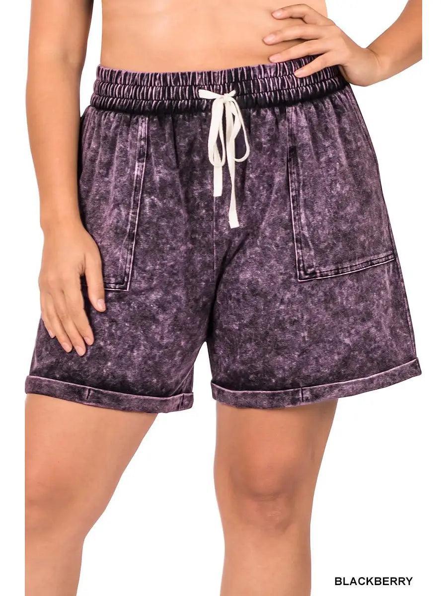 Purple Mineral Wash Drawstring Cuffed Shorts Female Product Image