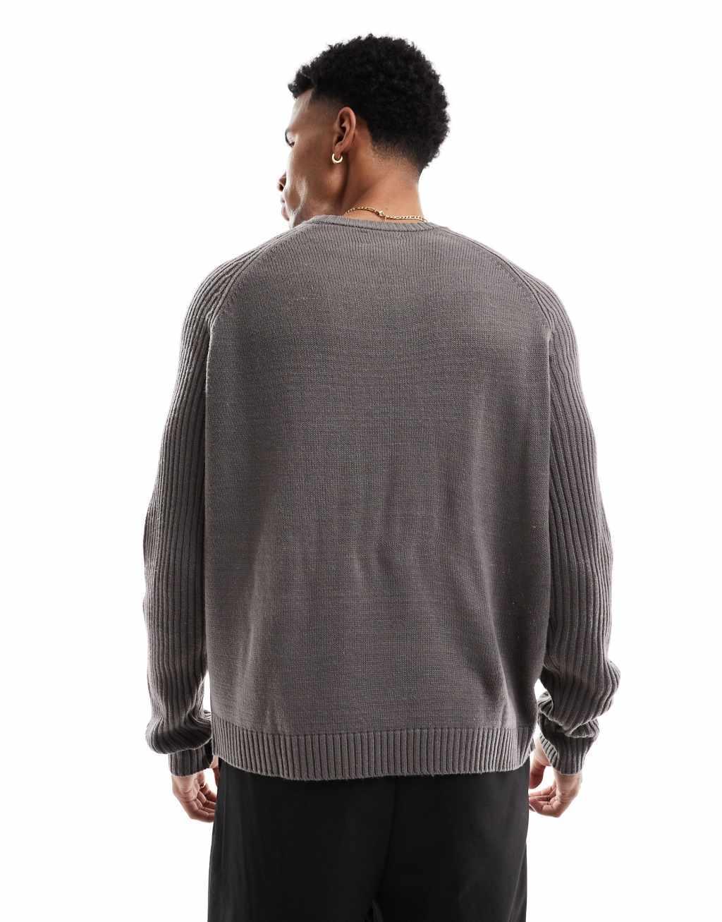 ASOS DESIGN oversized boxy fit knitted crew neck sweater with rib sleeves in charcoal heather Product Image