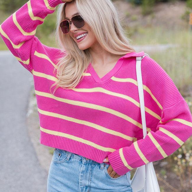 Living Proof Pink and Lime Striped Collared Sweater FINAL SALE Product Image