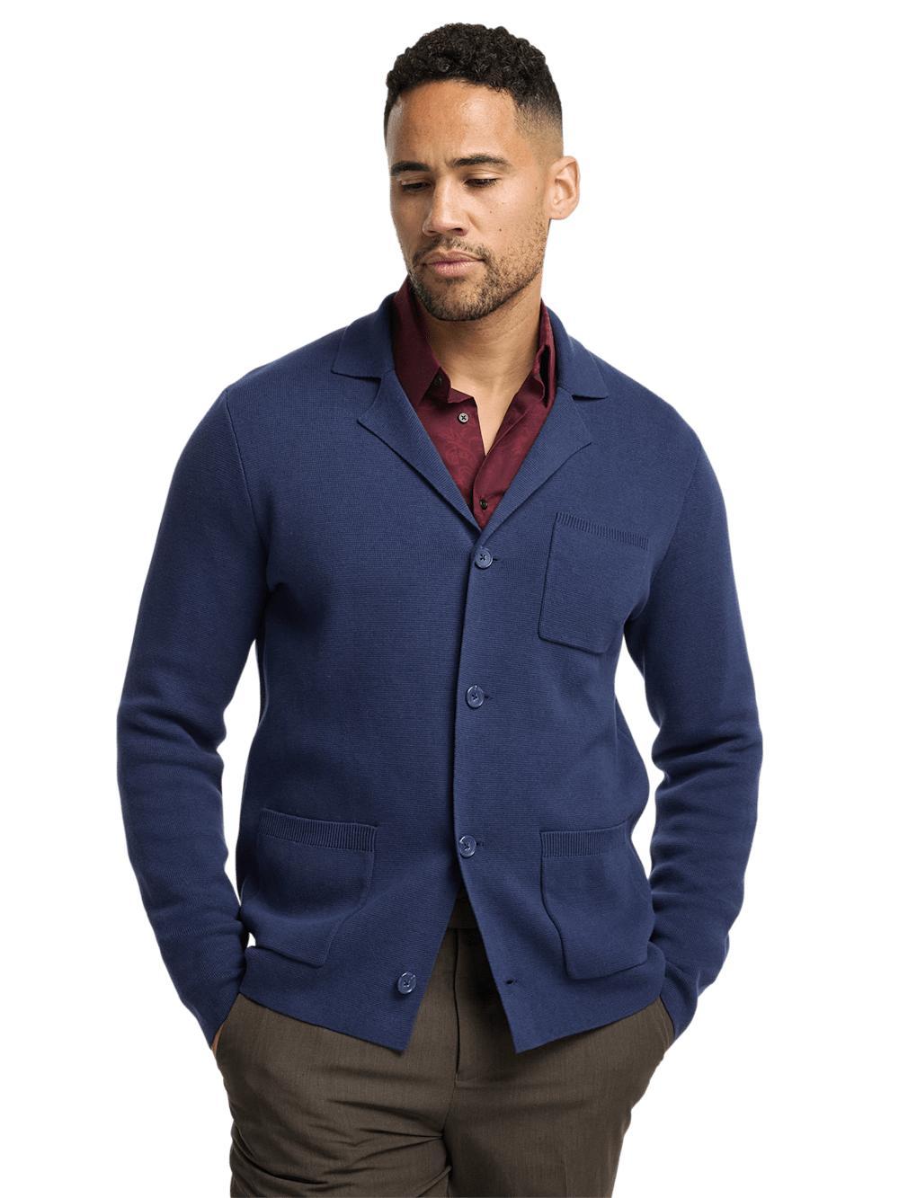 Cotton Notch Lapel Cardigan Sweater - Navy Product Image