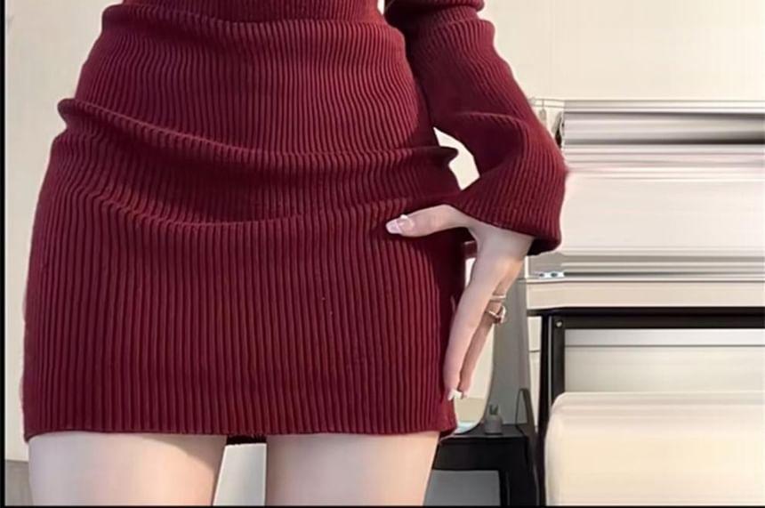 Long-Sleeve Plain Bow Ribbed Knit Mini Sheath Dress Product Image