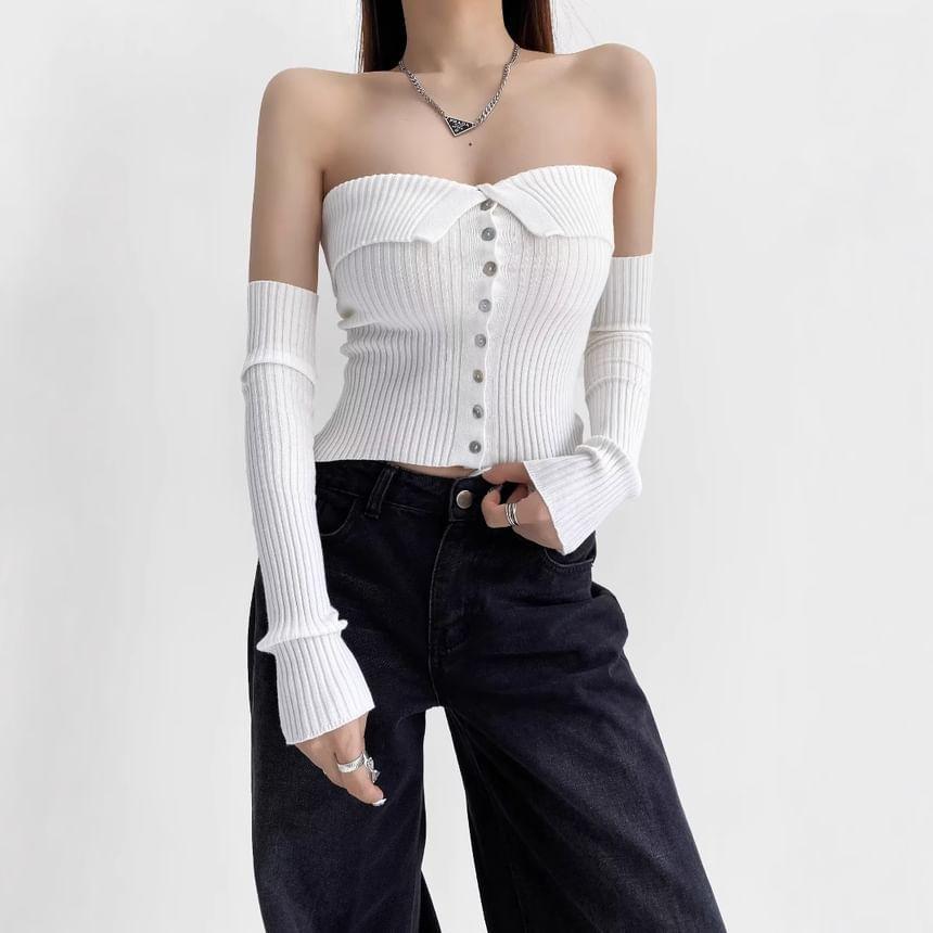 Set: Plain Button-Up Tube Top + Arm Sleeves Product Image