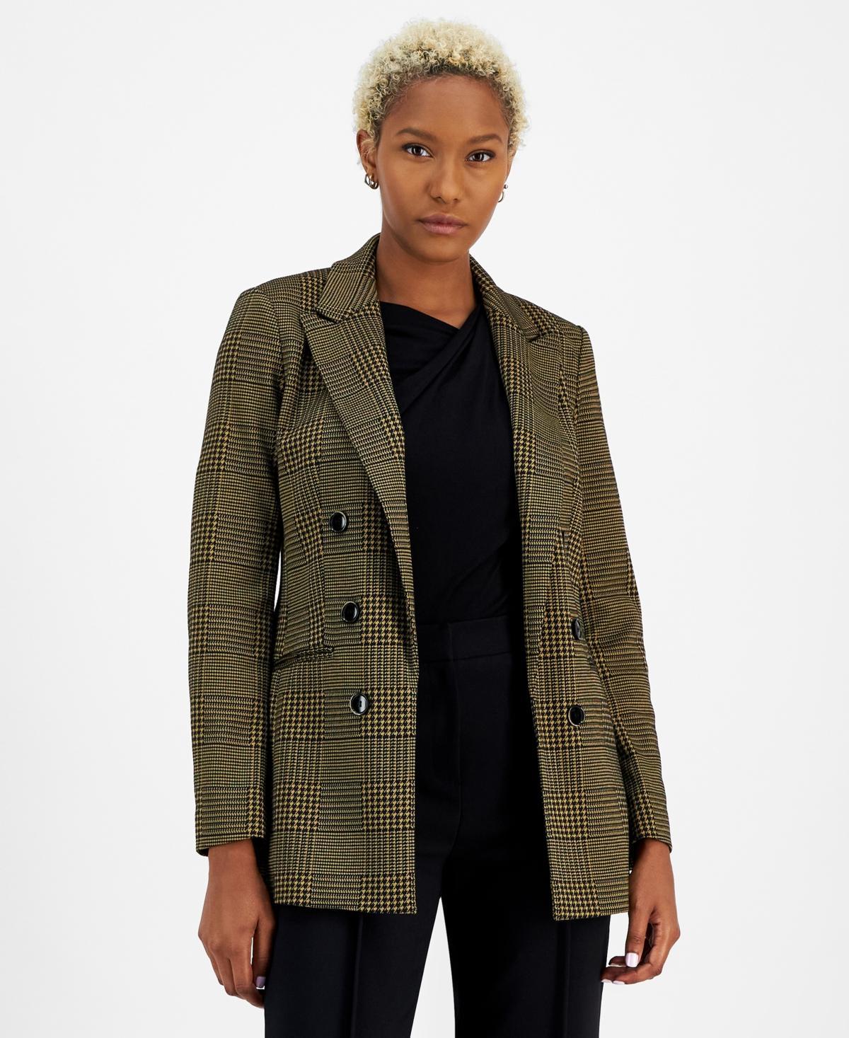 Bar Iii Womens Plaid Open-Front Faux-Double-Breasted Blazer, Created for Macys Saddle Product Image