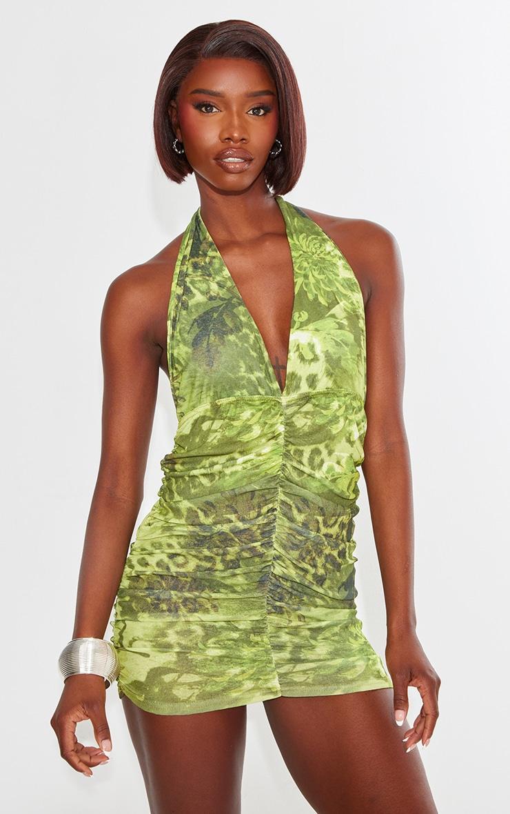 Tall Green Halterneck Print Mini Dress Product Image