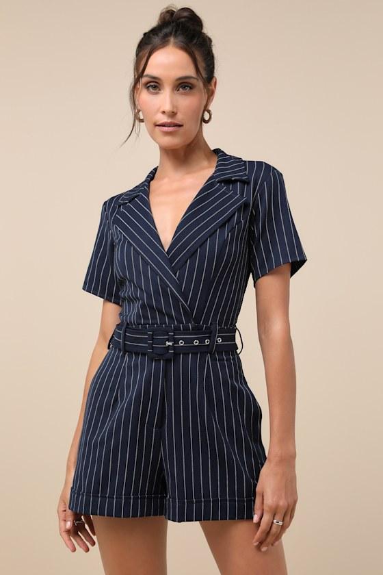 Stylish Essence Navy Pinstriped Short Sleeve Belted Romper product image