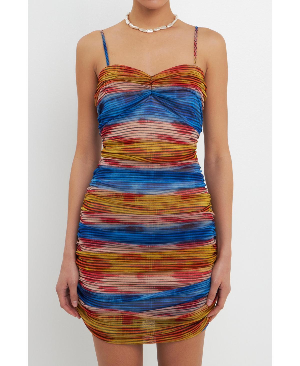 Womens Striped Mesh Mini Dress with Ruched Detail Product Image