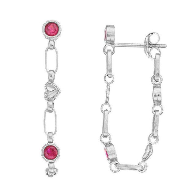 Kristen Kesho Sterling Silver Lab-Created Ruby Front-to-Back Heart Link Chain Hoop Earrings, Womens, Grey Product Image