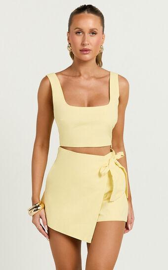 Polina Two Piece Set - Linen Look Square Neck Crop Top and Tie Waist Skort Set in Lemon Product Image