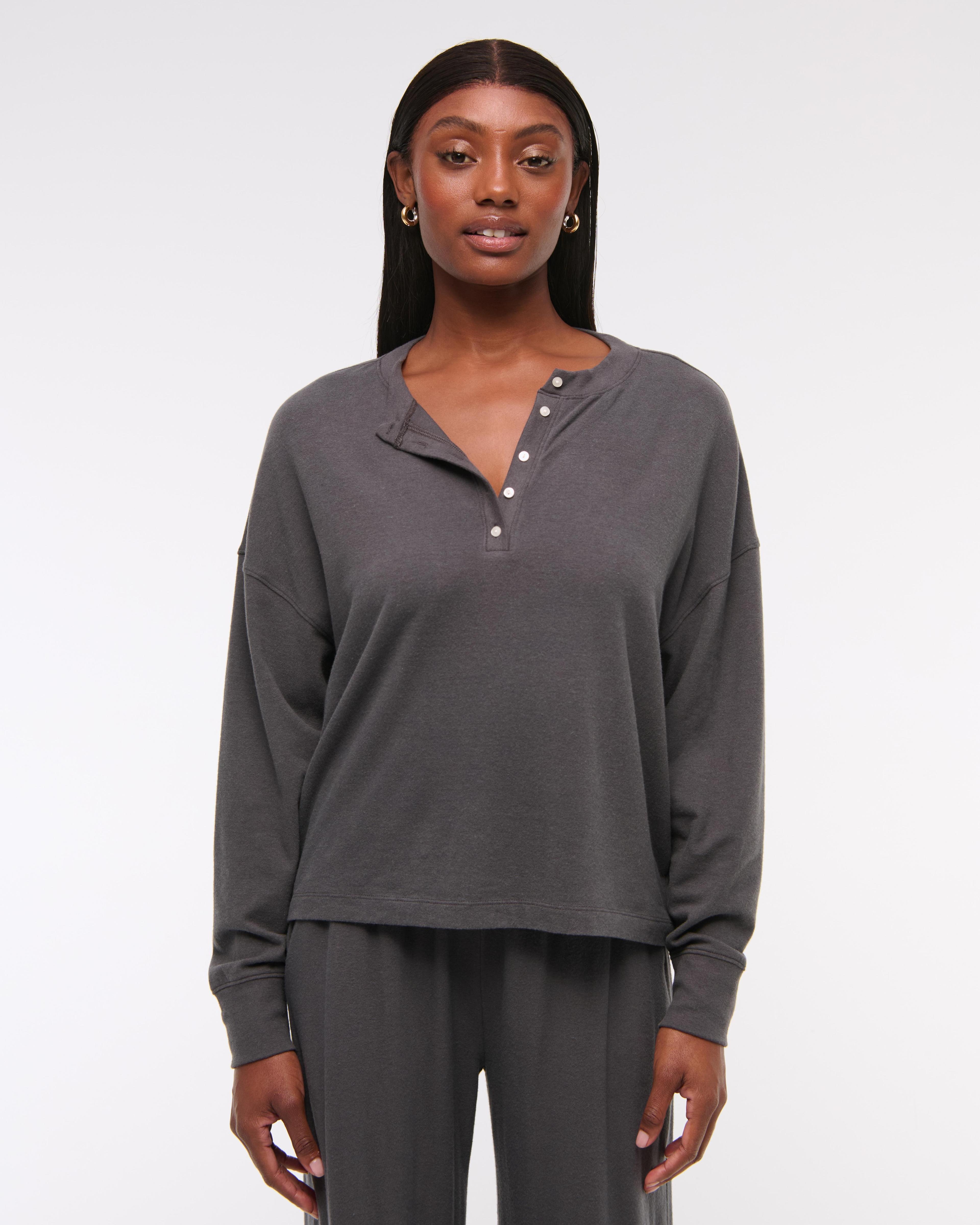 Long-Sleeve Cozy Lounge Knit Oversized Henley Top Product Image