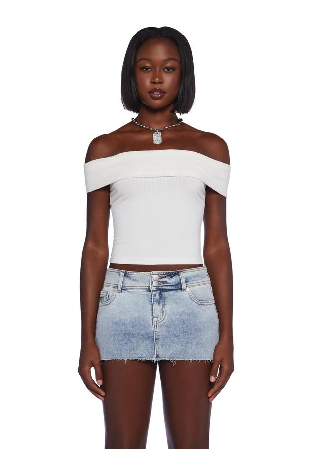 Sexy Womans Back To School Stretchy Ribbed Knit Off-The-Shoulder Short Sleeve Top - Off White Product Image