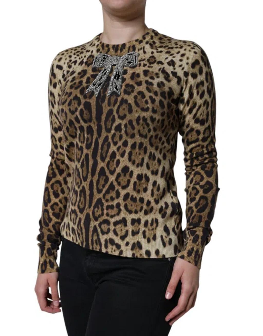 DOLCE & GABBANA Brown Leopard Embellished Long Sleeve Women's Sweater Product Image