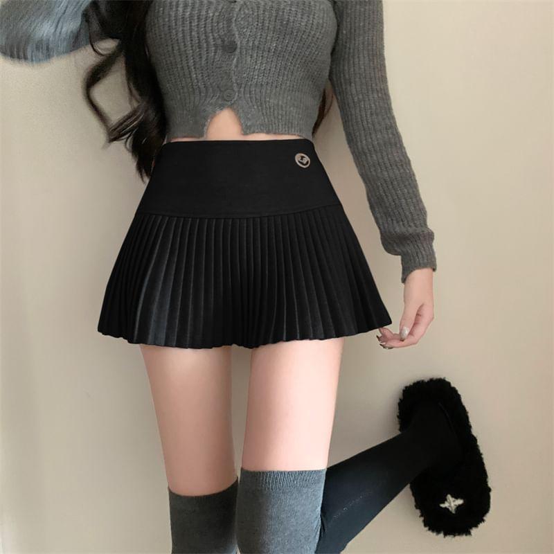 High Waist Plain Pleated Mini A-Line Skirt Product Image