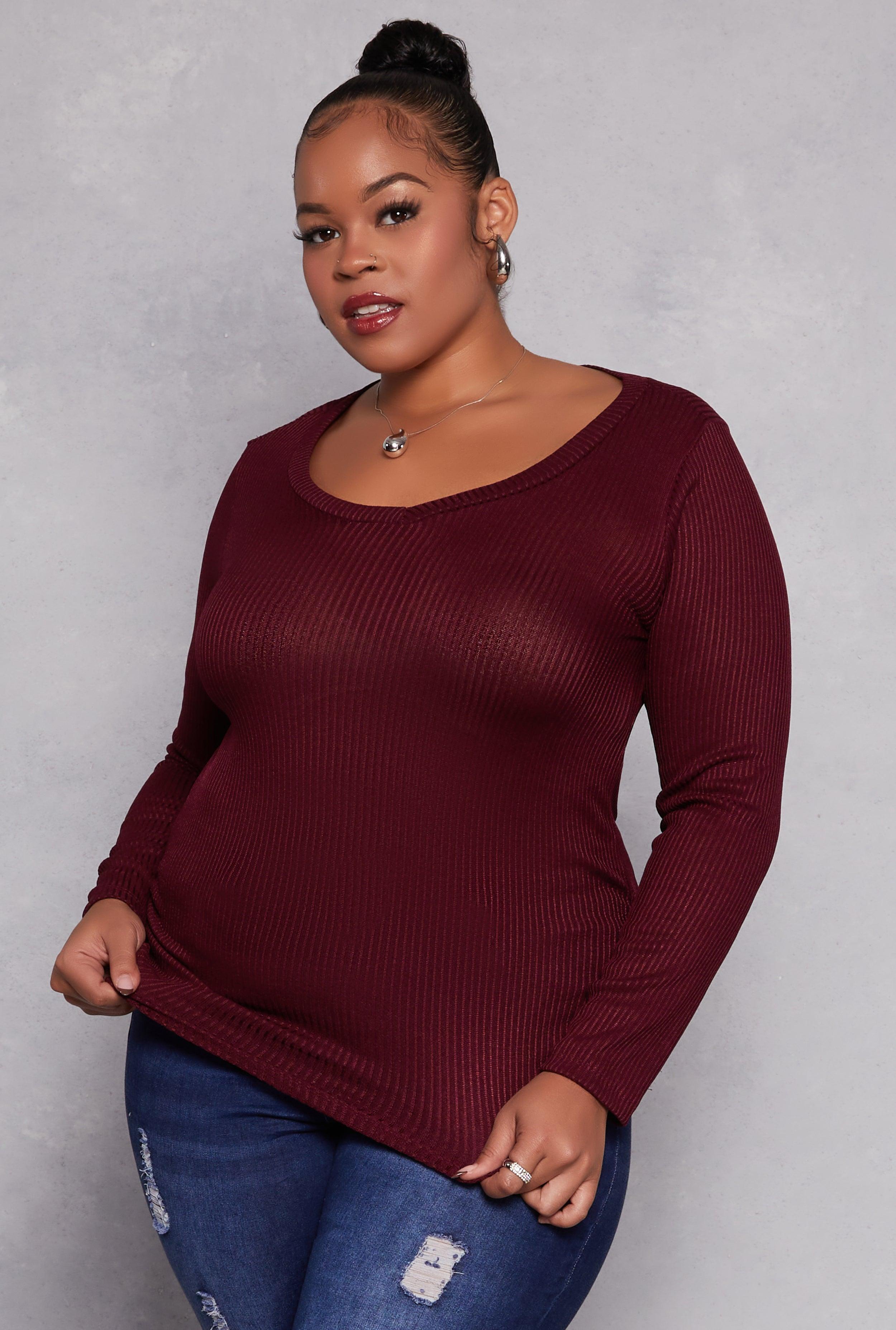 Womens Plus Size Rib Knit Ruched Side V Neck Top Product Image