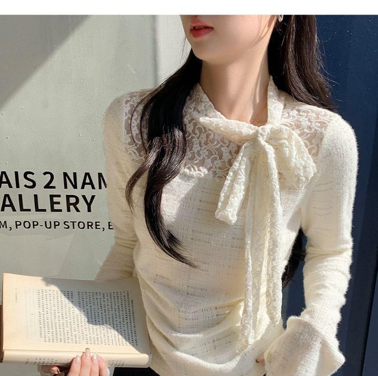 Long-Sleeve Stand Collar Lace Panel Bow Ruched Slim Fit Top Product Image