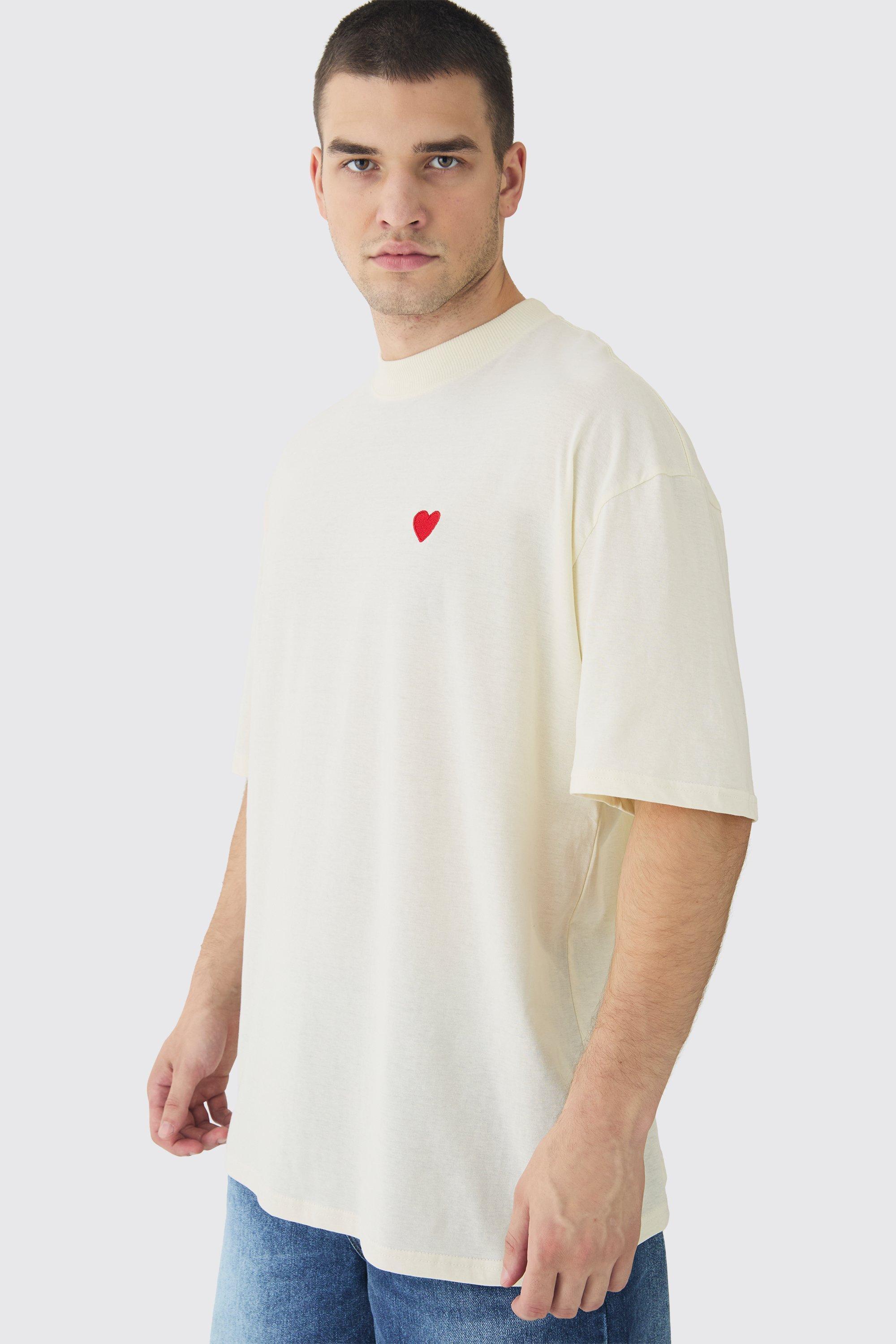 Mens Cream Tall Oversized Extended Neck Heart Embroidered T-Shirt, Cream Product Image