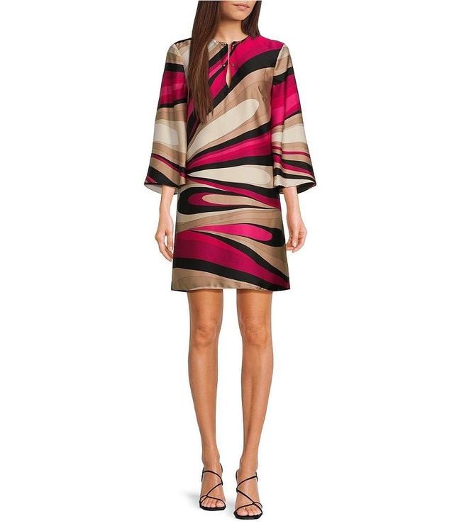 Trina Turk Nallia Satin Georgette Wynwood Wave Print Round Neck 3/4 Flare Sleeve Dress Product Image