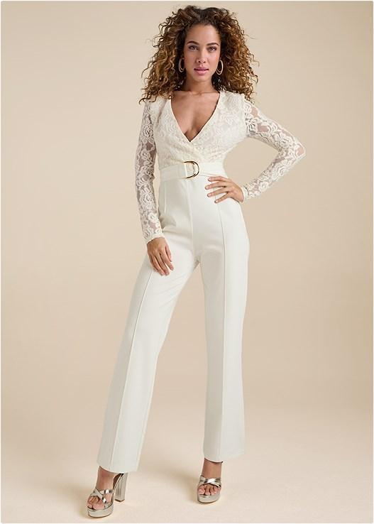 Lace V-Neck Belted Jumpsuit Product Image