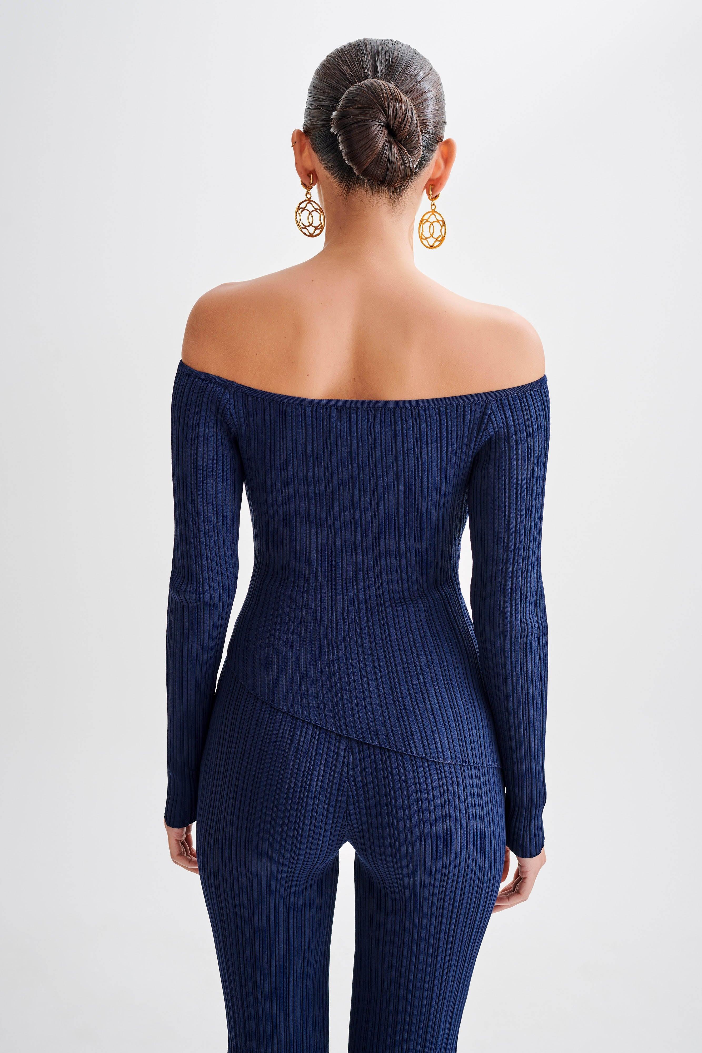 Chiara Off Shoulder Rib Knit Top - Navy Product Image