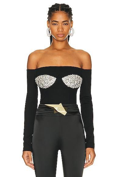 AREA Off Shoulder Crystal Cup Bustier Top Black. (also in ). Product Image