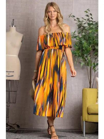 Orange Watercolor Stripe Off the Shoulder Dress Female Product Image